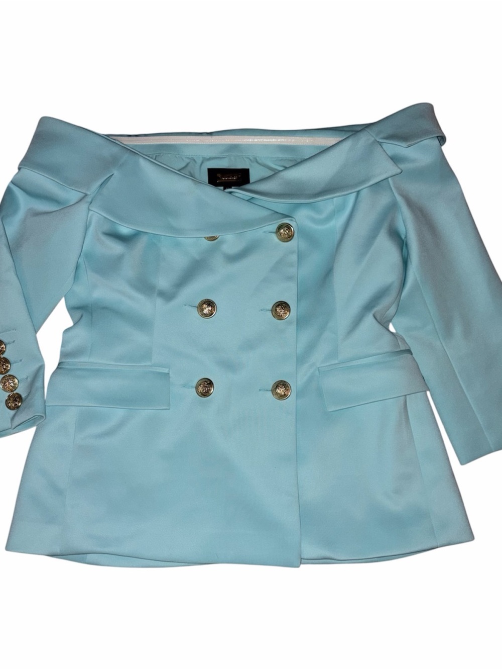 STUNNING Alexis Admor Light Blue Off-Shoulder Blazer with Gold Buttons Size 12